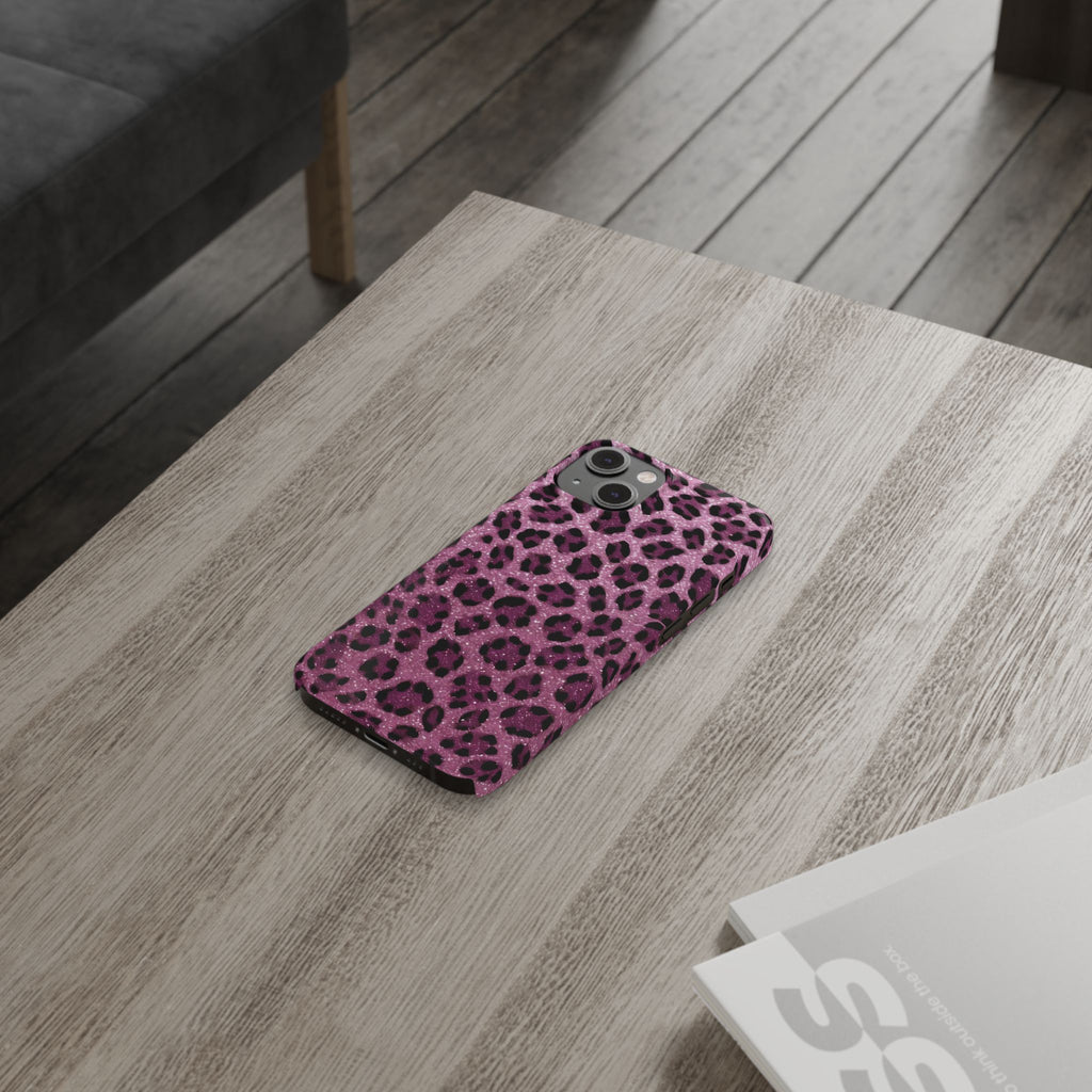 Pink Glitter Leopard Print Slim Phone Cases, Wild Animal Print Cover, Trendy Phone Accessory, Girly Gift, Fashionable Tech