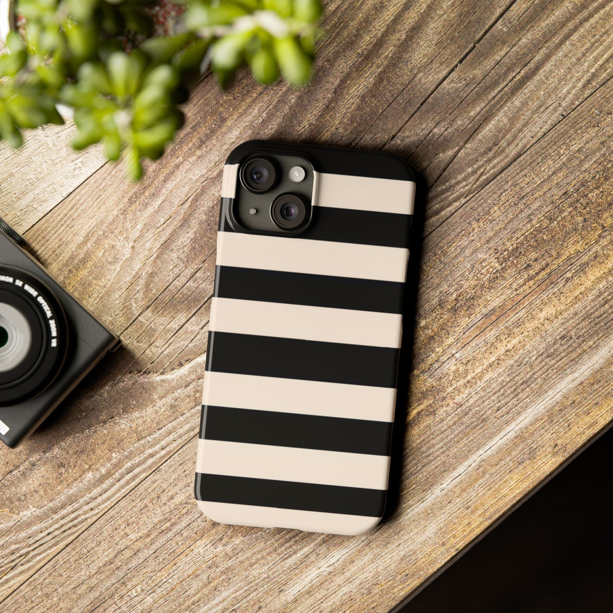 Slim Phone Case – Black & Cream Horizontal Stripes, Minimal Chic Protective Cover