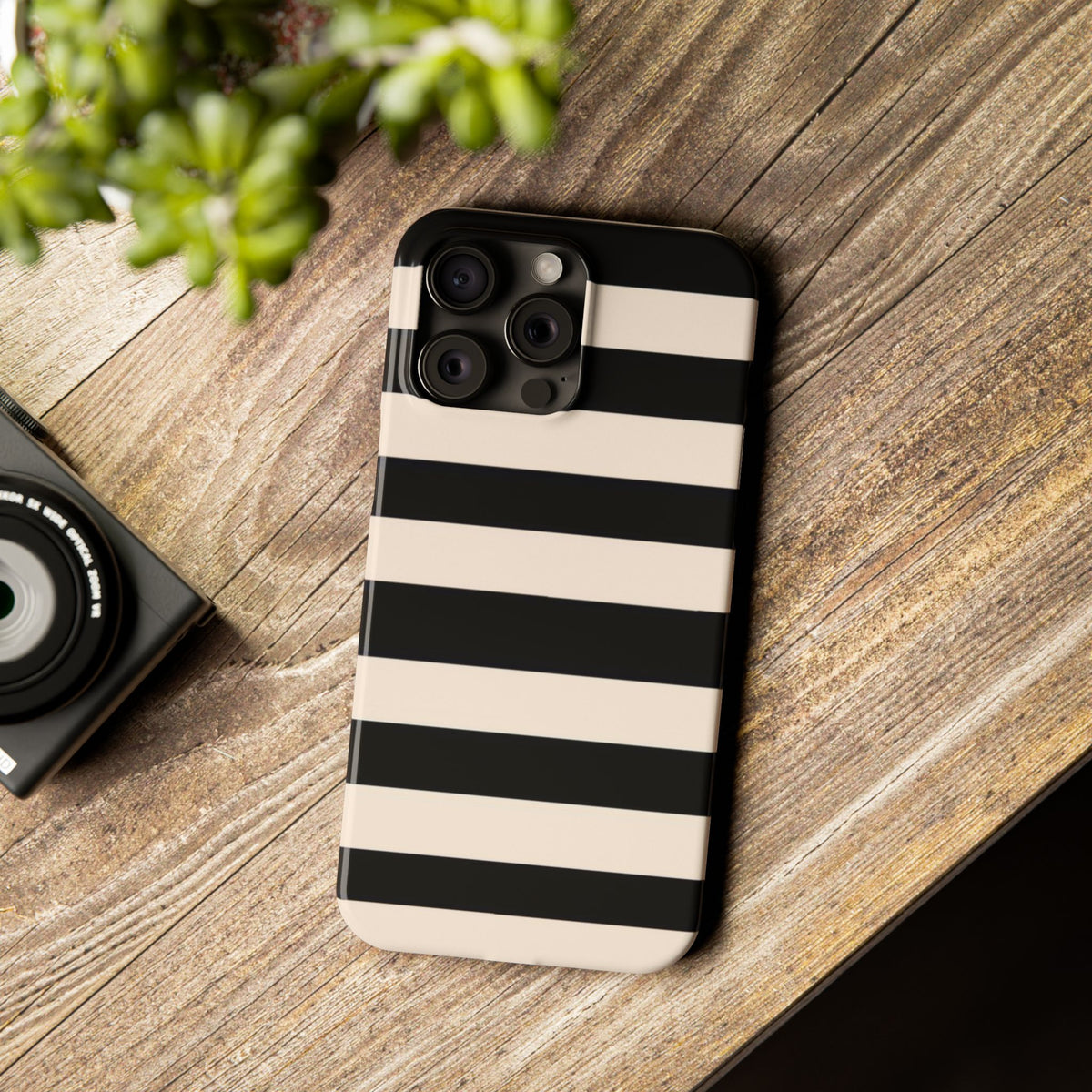 Slim Phone Case – Black & Cream Horizontal Stripes, Minimal Chic Protective Cover