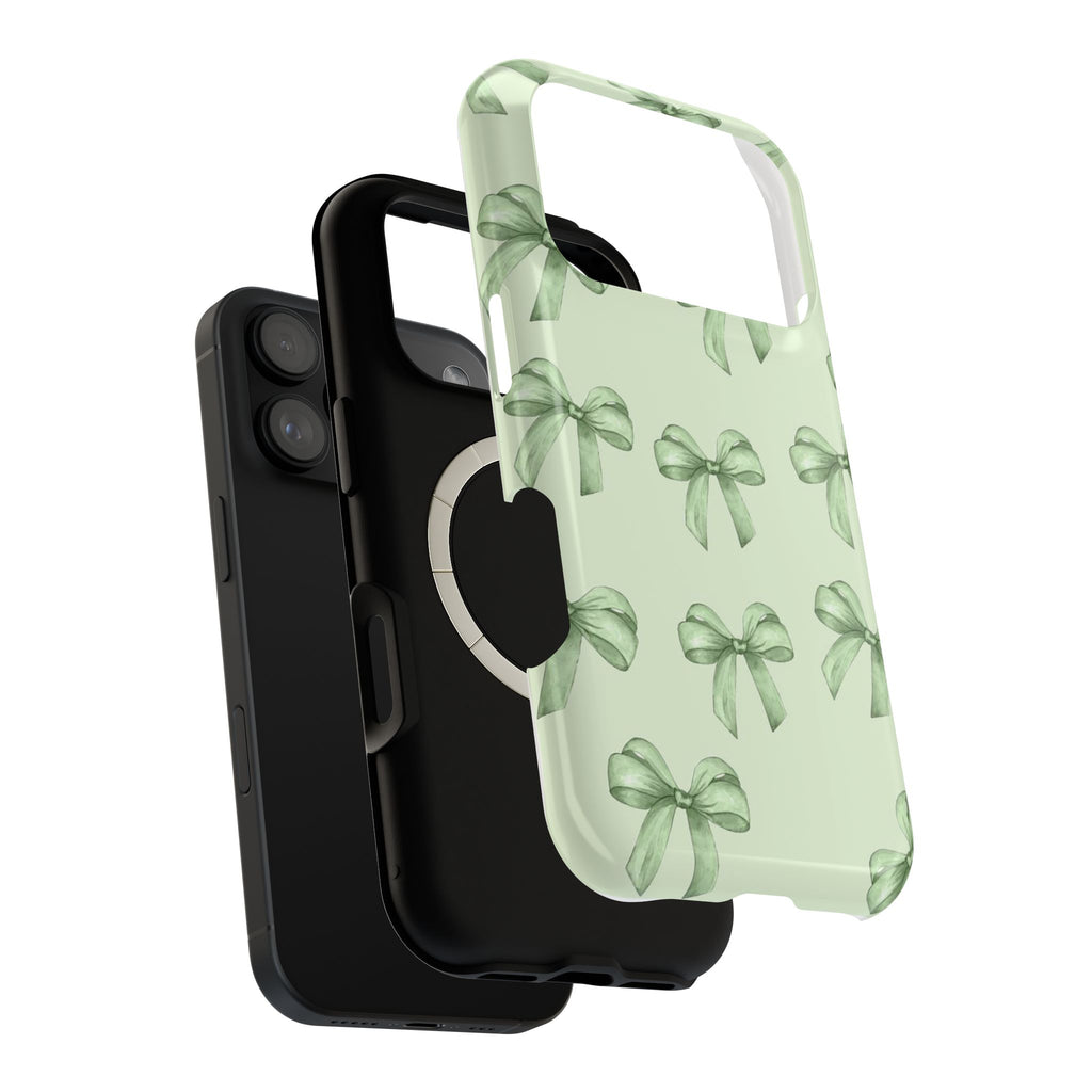 Green Watercolor Bow Phone Case — Magnetic Impact-Resistant iPhone Cover