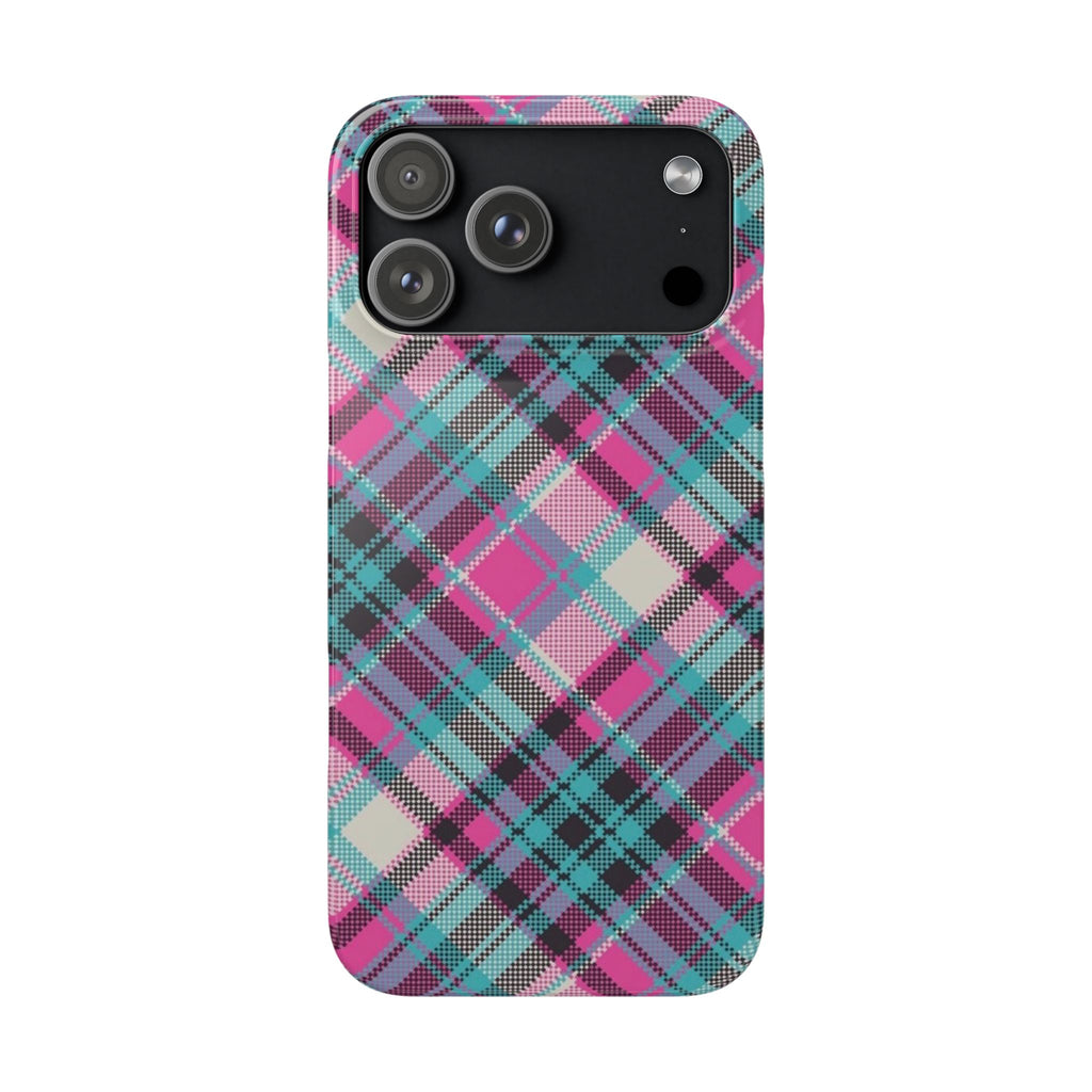 Plaid Pink & Teal Phone Case - Protective Snap Case with Vibrant Tartan Pattern