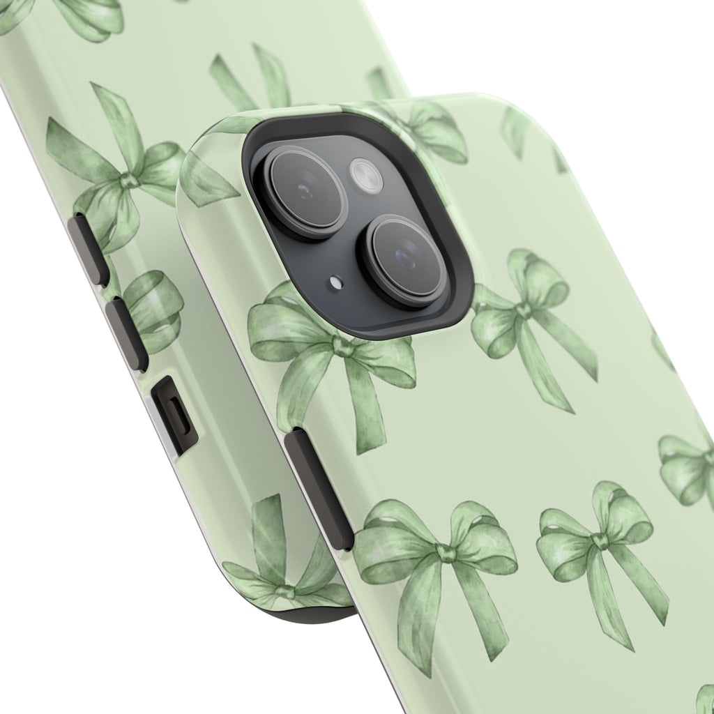 Green Watercolor Bow Phone Case — Magnetic Impact-Resistant iPhone Cover